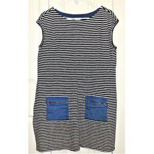 Chico's L Sleeveless Striped Mini-Dress Denim Pockets Round Neck Pullover